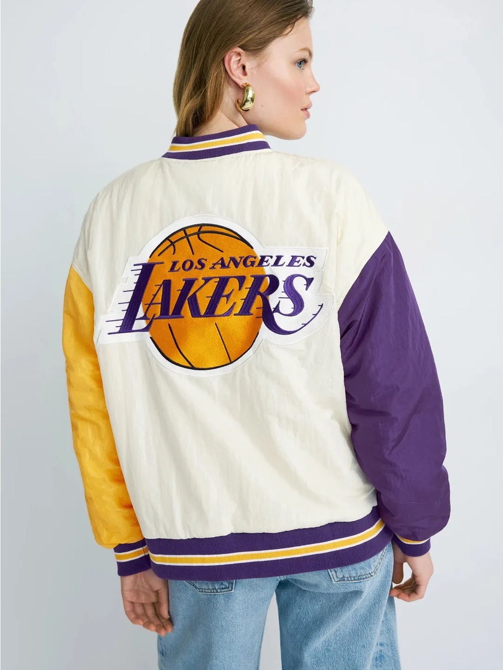 Terez Los Angeles Lakers Colorblock Varsity Jacket in Cream, Purple & Gold